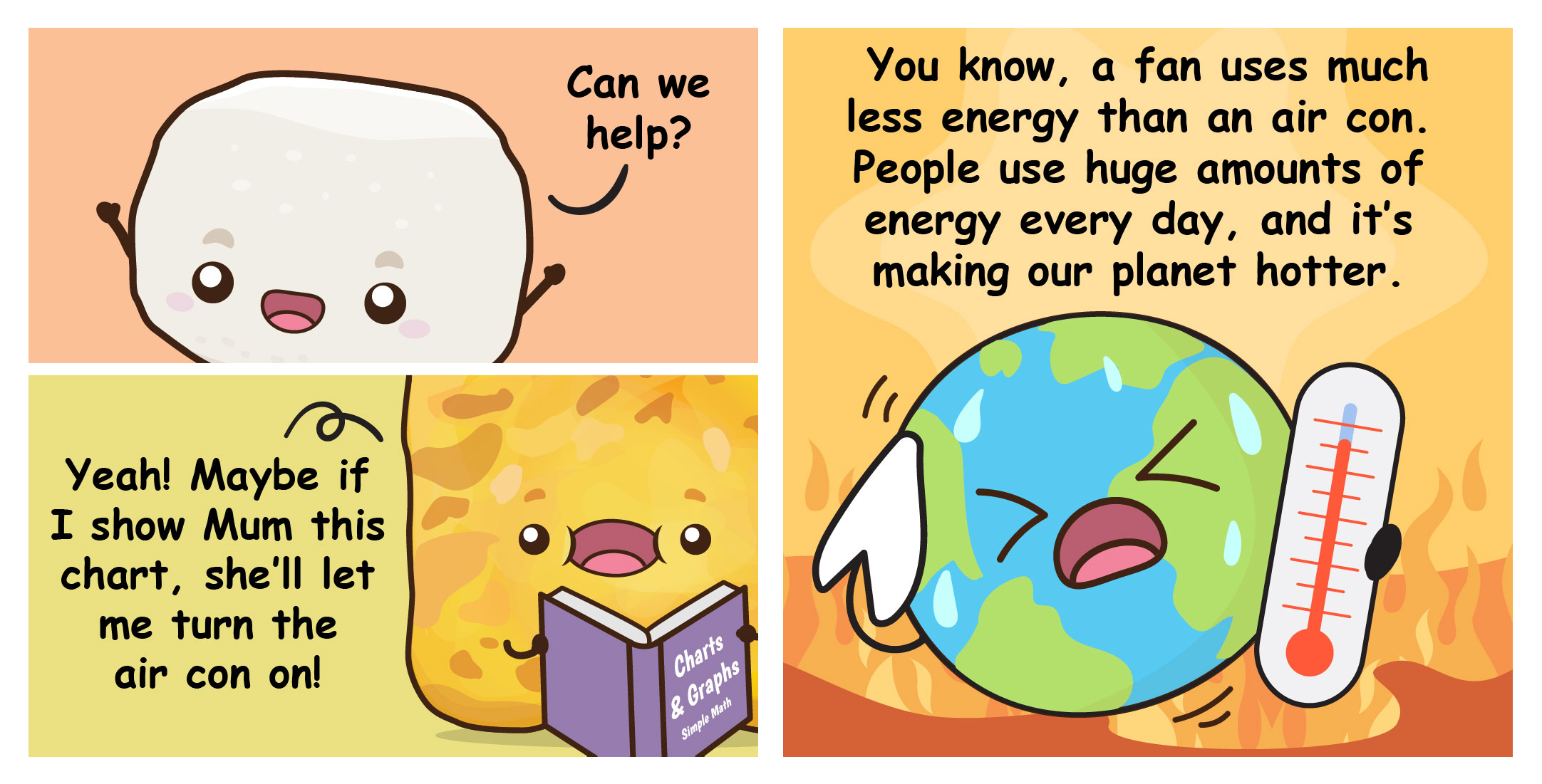 Two-panel comic where Bouncy and Flip offer to help Coco with his data project, accompanied by an illustration explaining how excessive air conditioning energy use contributes to global warming.